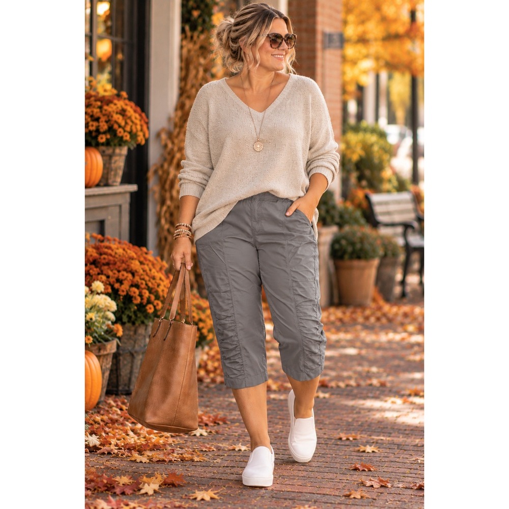Wearables Core Gray Capri Pants 2X Ruched Pull On Stretch Lagenlook